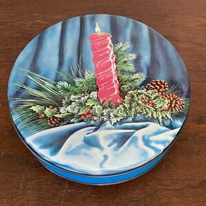 Vintage Christmas Tin blue with Red Candle and greenery pine cones